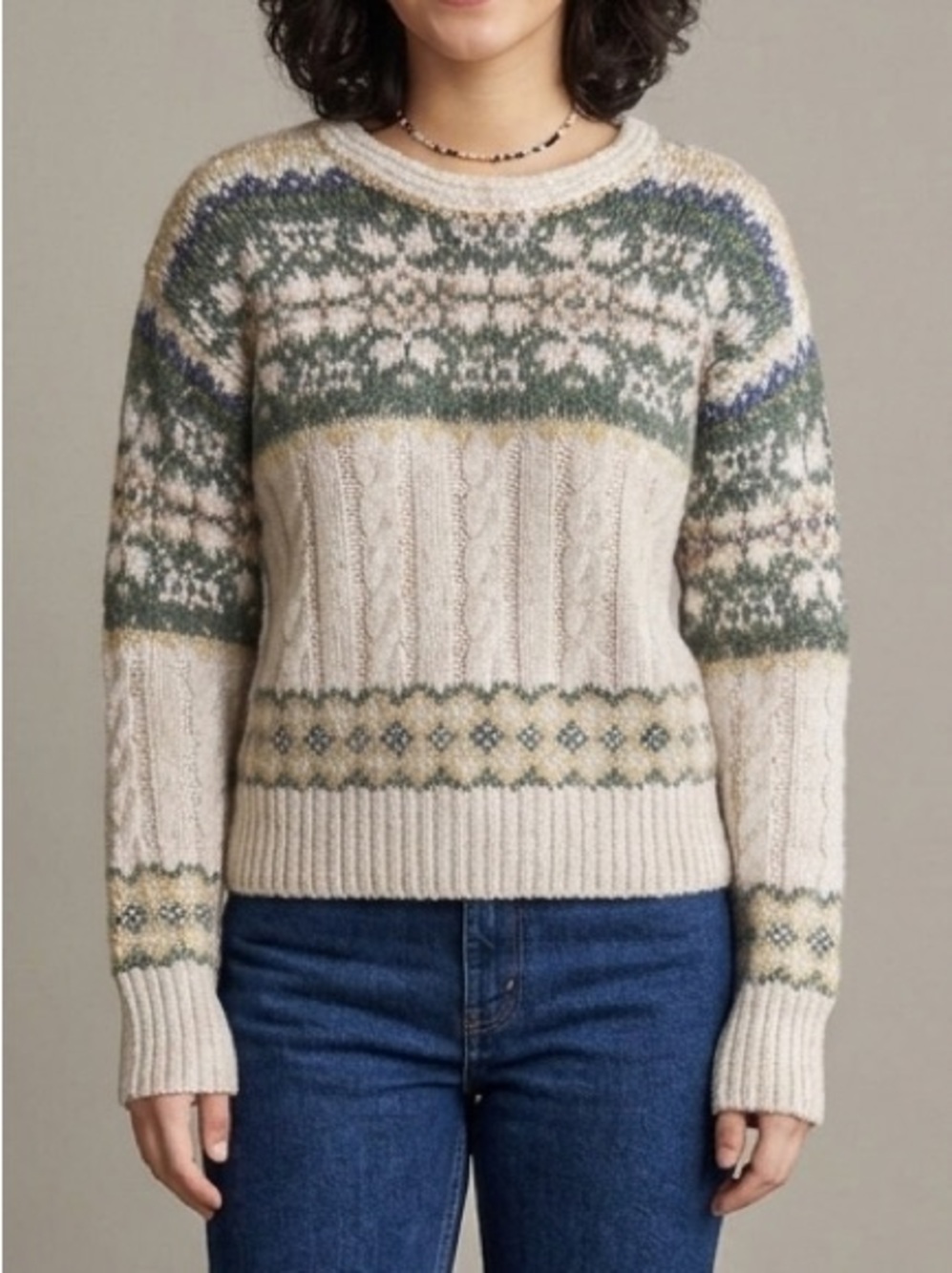 Vintage American Eagle Fair Isle Cable Knit 100% Wool Sweater Large
